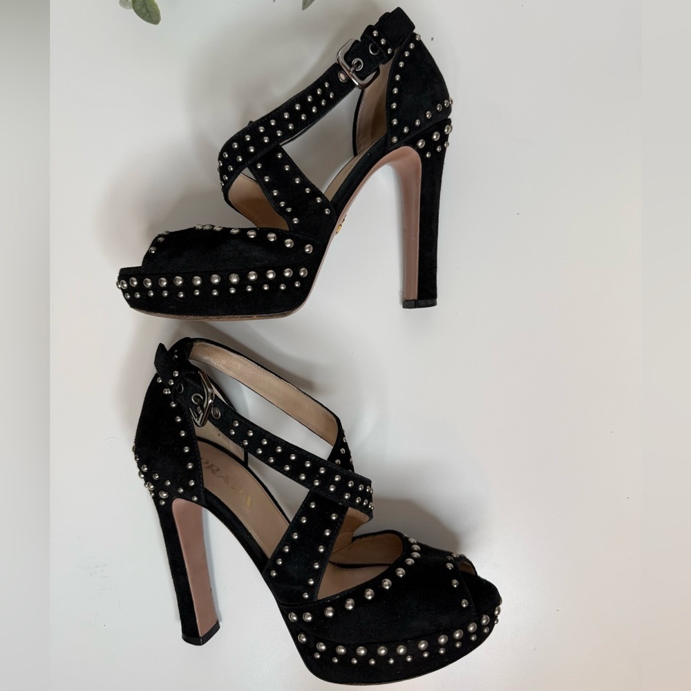 Prada Black Suede Studded Cross Strap Platform Pumps Size 35 Luxury Italian Glam - Picture 10 of 17